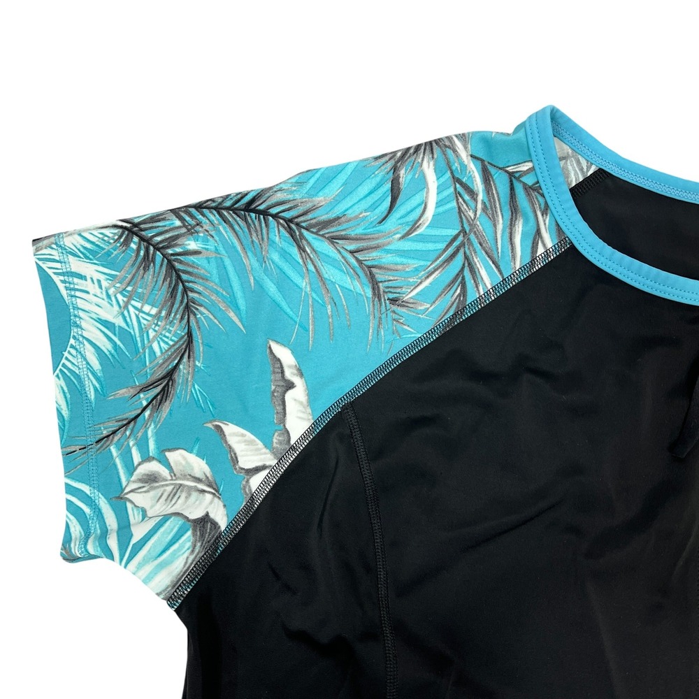 Swim by Cacique Rash Guard 20 Black Turquoise Tropical Palm Half-Zip Swim Top - Picture 6 of 8